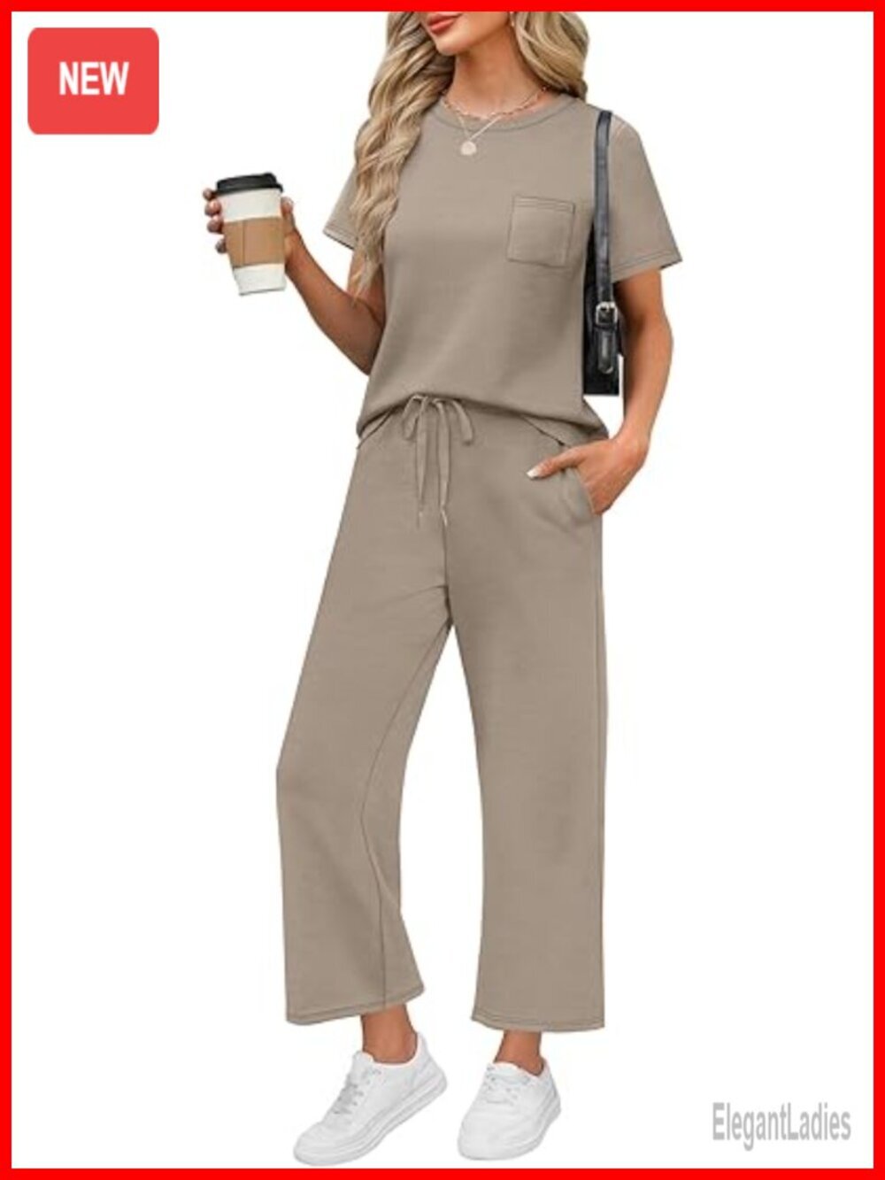 Women's 2 Piece Travel Outfit Short Sleeve Wide Leg Crop Pants Lounge Set